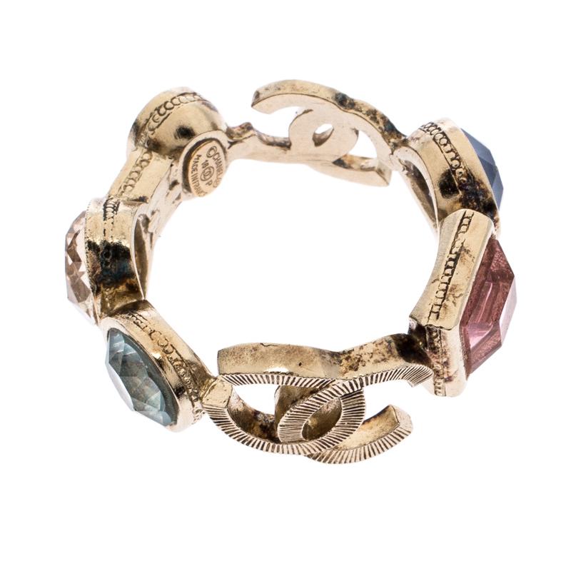 Chanel CC Multi-color Crystal Gold Tone Band Ring Size 52 1