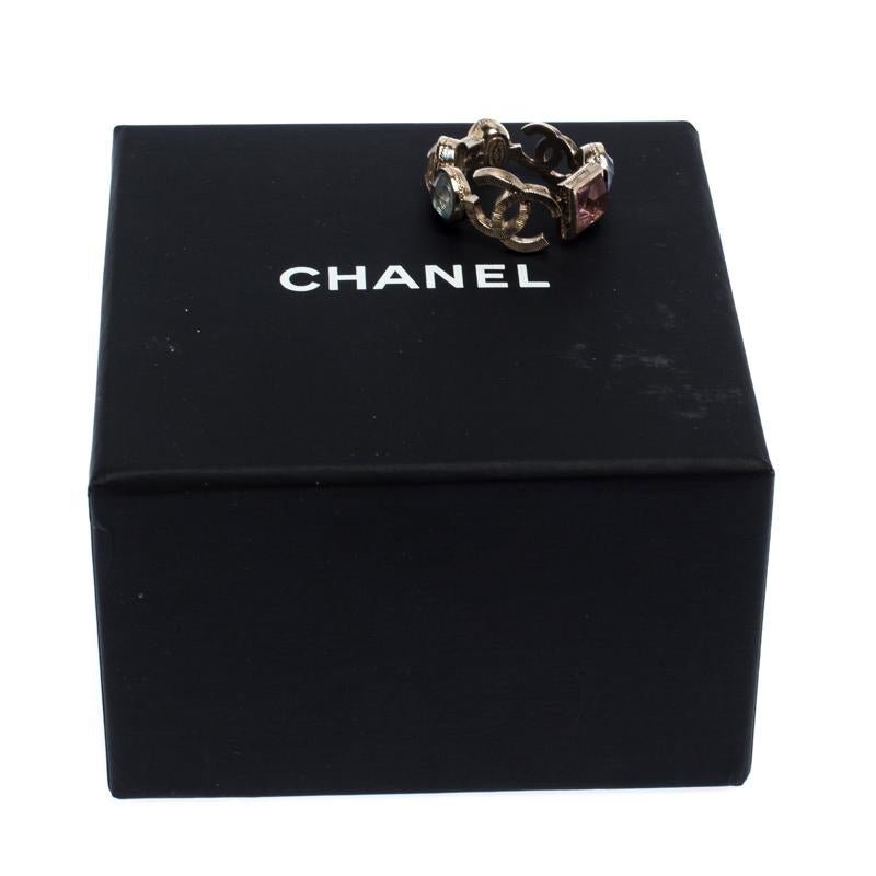 Chanel CC Multi-color Crystal Gold Tone Band Ring Size 52 2