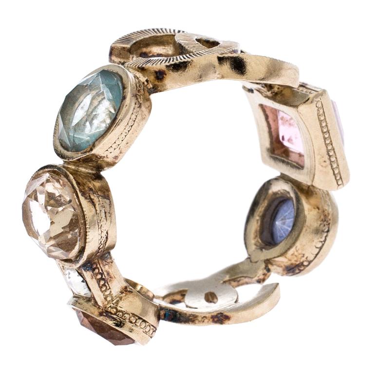 Chanel CC Multi-color Crystal Gold Tone Band Ring Size 52