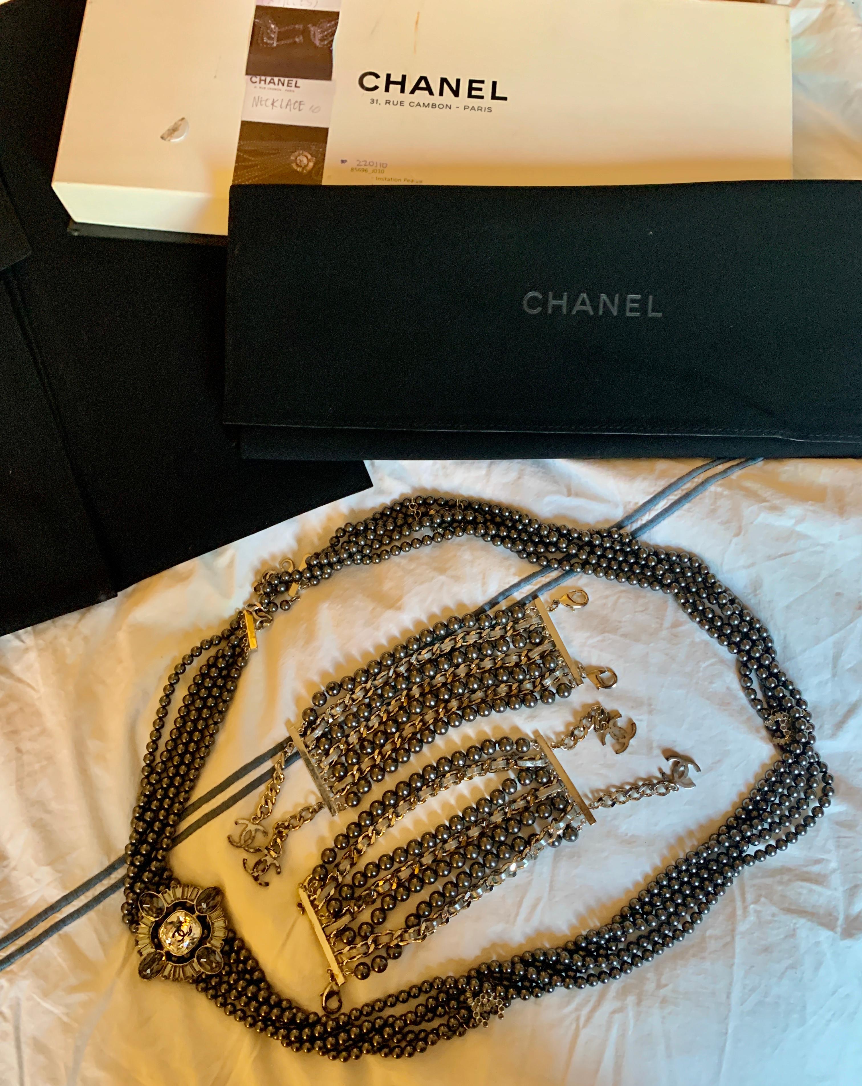 Chanel CC Multistrand Black Pearl Rhinestone Necklace and 2 Bracelets Box Pouch In Good Condition For Sale In New York, NY