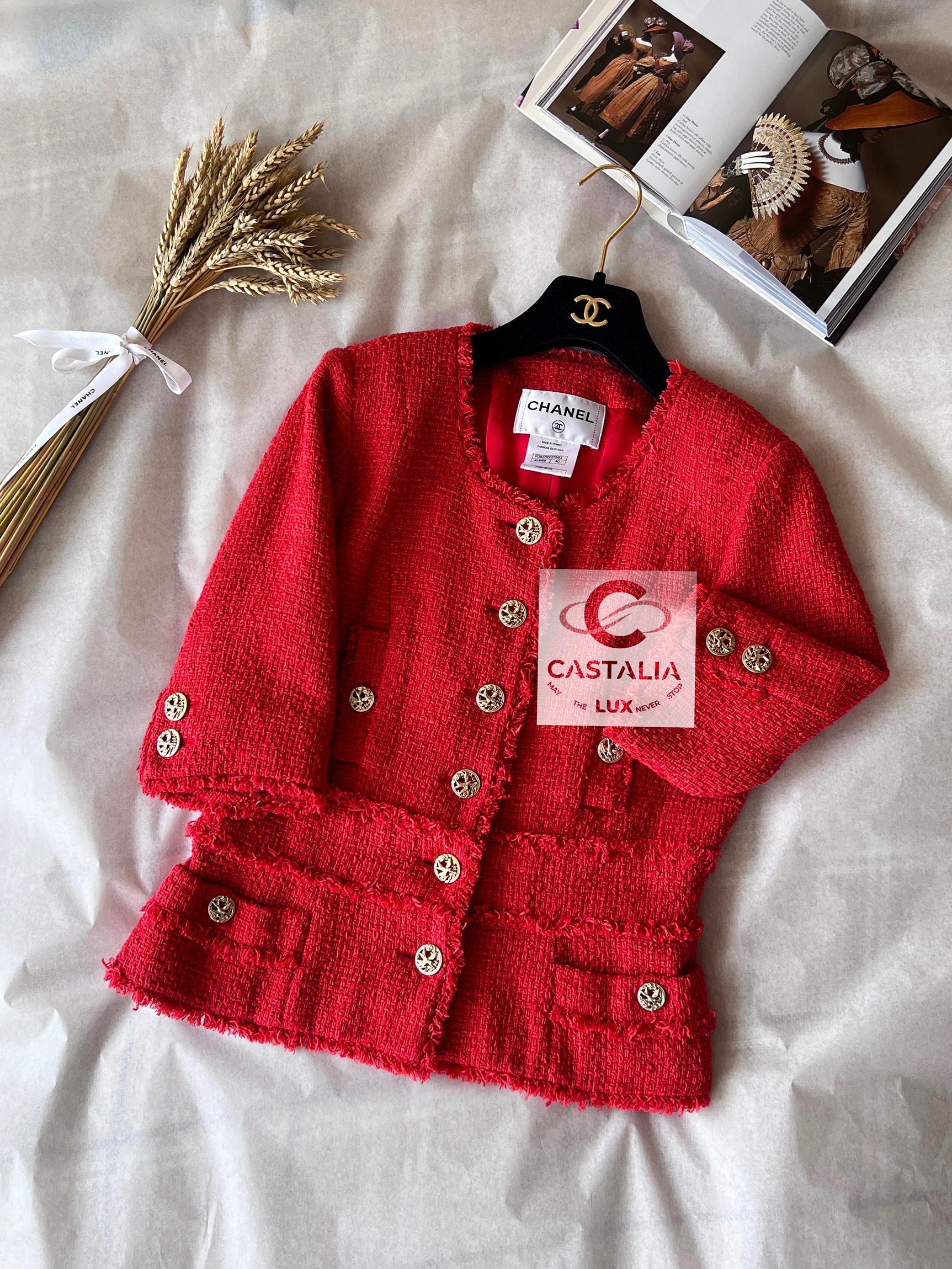 Chanel CC Nightingale boutons veste en tweed corail 3