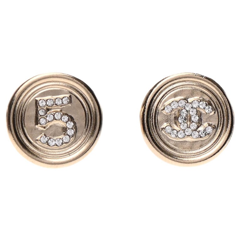CHANEL CC Number No. 5 Crystal Metal Gold Stud Earrings in Box