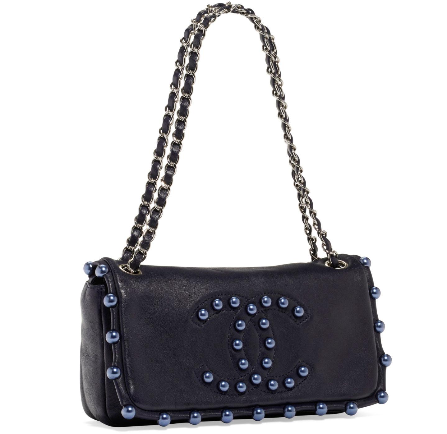Chanel CC Obsession Black with Dark Blue Pearls Lambskin Shoulder Bag For Sale 7