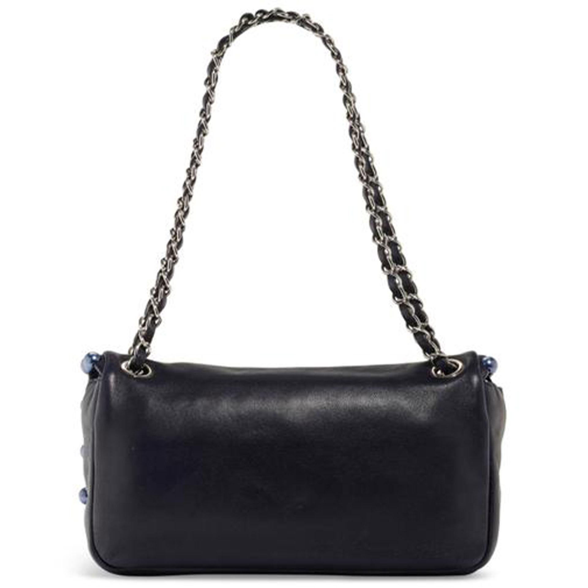 Chanel CC Obsession Black with Dark Blue Pearls Lambskin Shoulder Bag For Sale 2