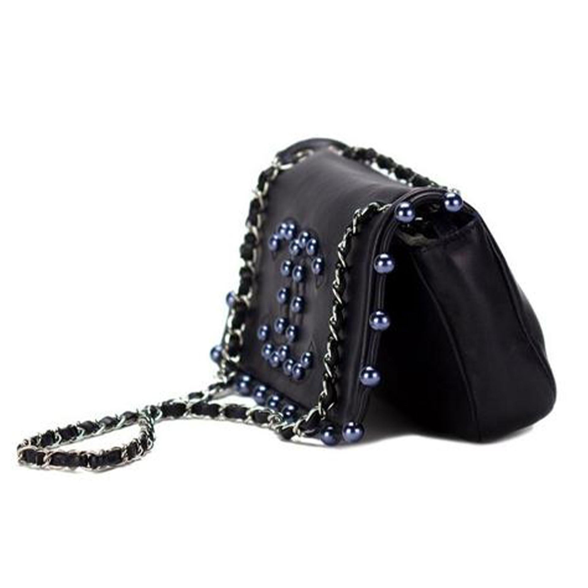 Chanel CC Obsession Black with Dark Blue Pearls Lambskin Shoulder Bag For Sale 3