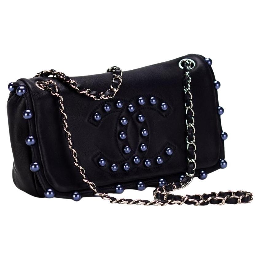 Chanel CC Obsession Black with Dark Blue Pearls Lambskin Shoulder Bag For Sale