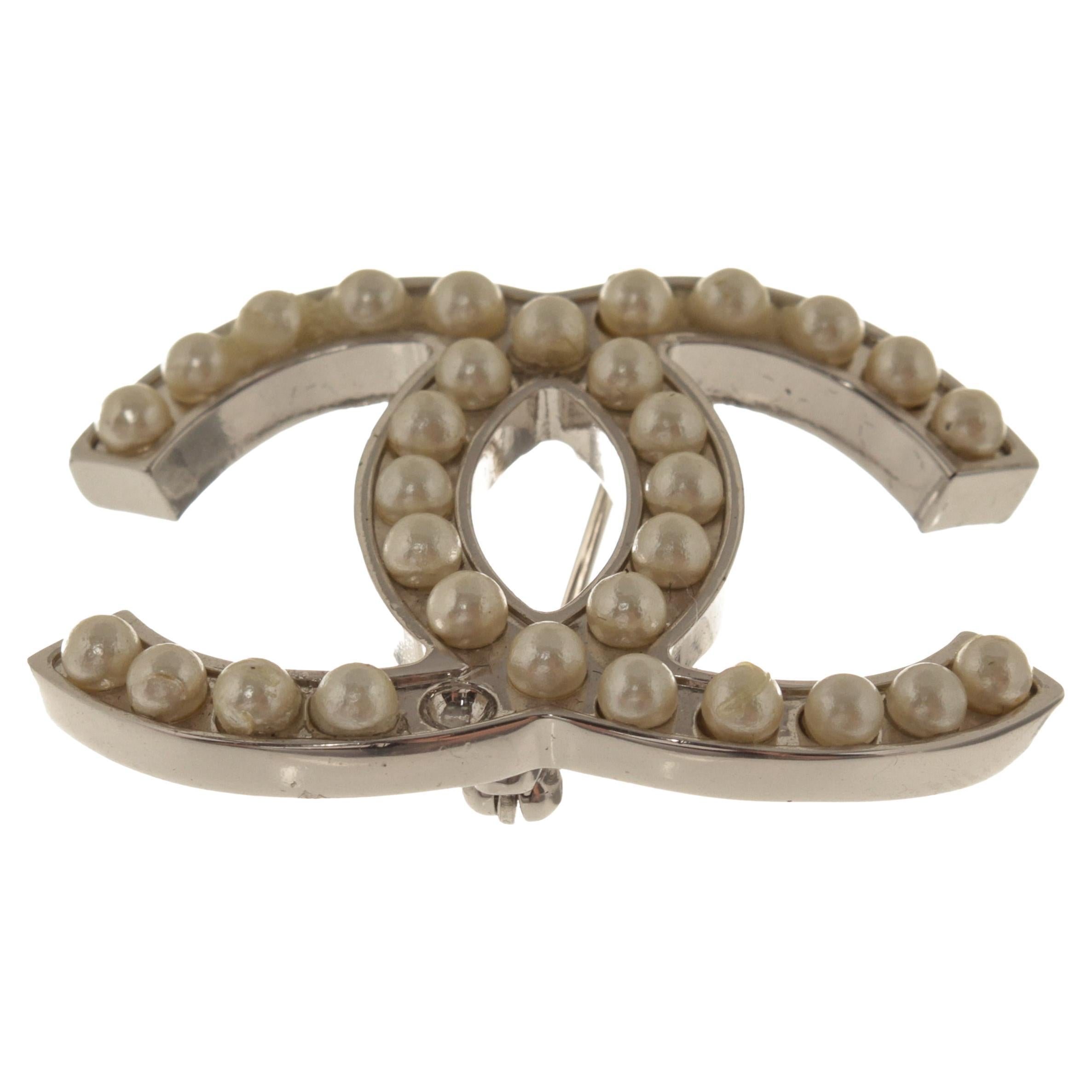 Chanel Brand New Gunmetal CC Crystal Pearl Brooch For Sale at 1stDibs