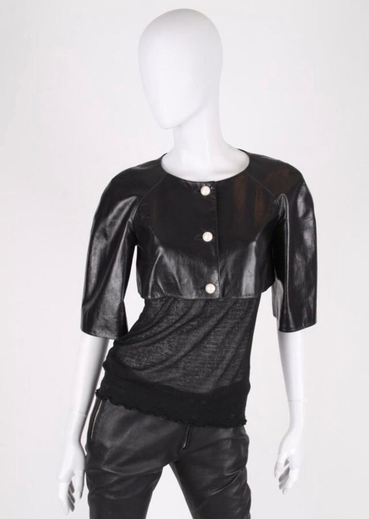 Chanel CC Pearl Buttons Black Leather Crop Jacket For Sale 2