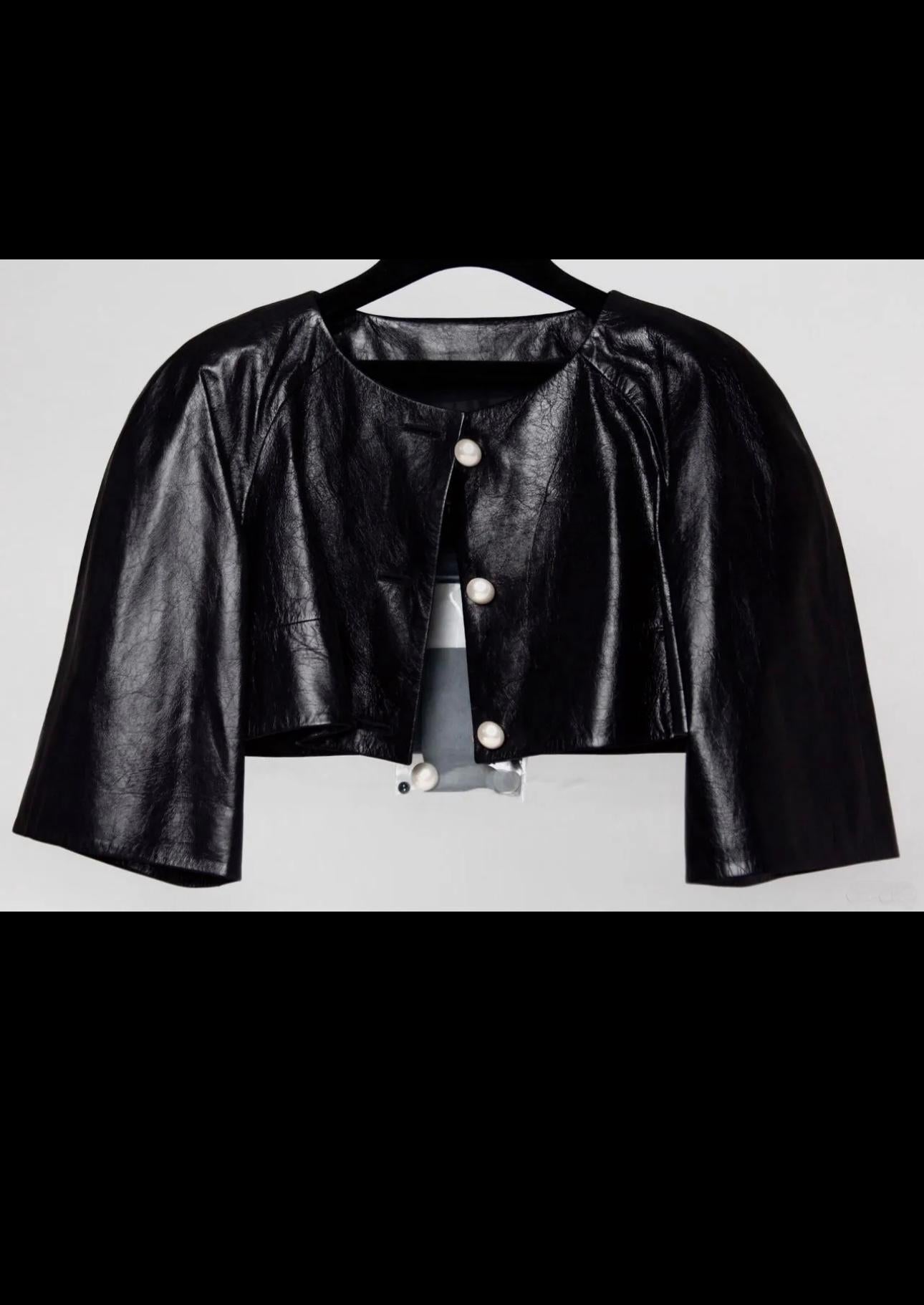 Chanel CC Pearl Buttons Black Leather Crop Jacket For Sale 3