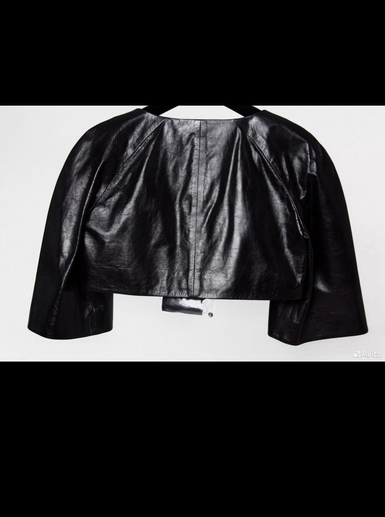 Chanel CC Pearl Buttons Black Leather Crop Jacket For Sale 4