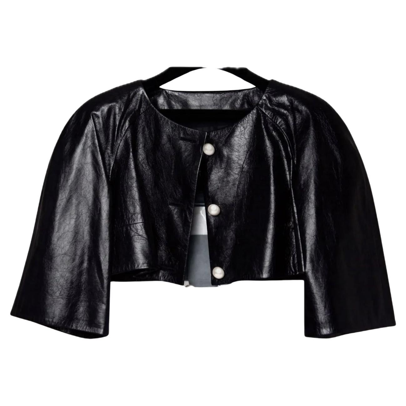 Chanel CC Pearl Buttons Black Leather Crop Jacket For Sale