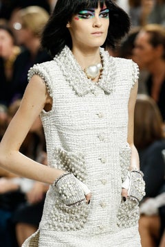Chanel CC Pearl Buttons Ribbon Tweed Dress