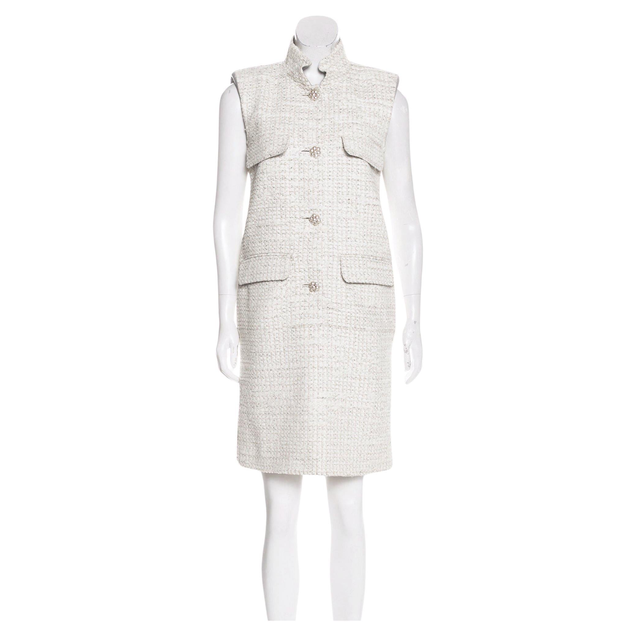 Chanel CC Pearl Buttons Ribbon Tweed Dress
