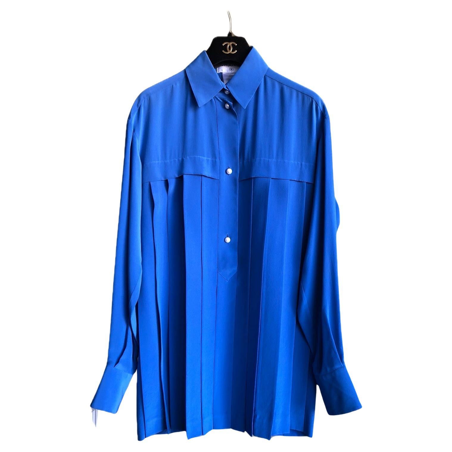 Chanel CC Pearl Buttons Royal Blue Silk Pleated Shirt Dress For Sale