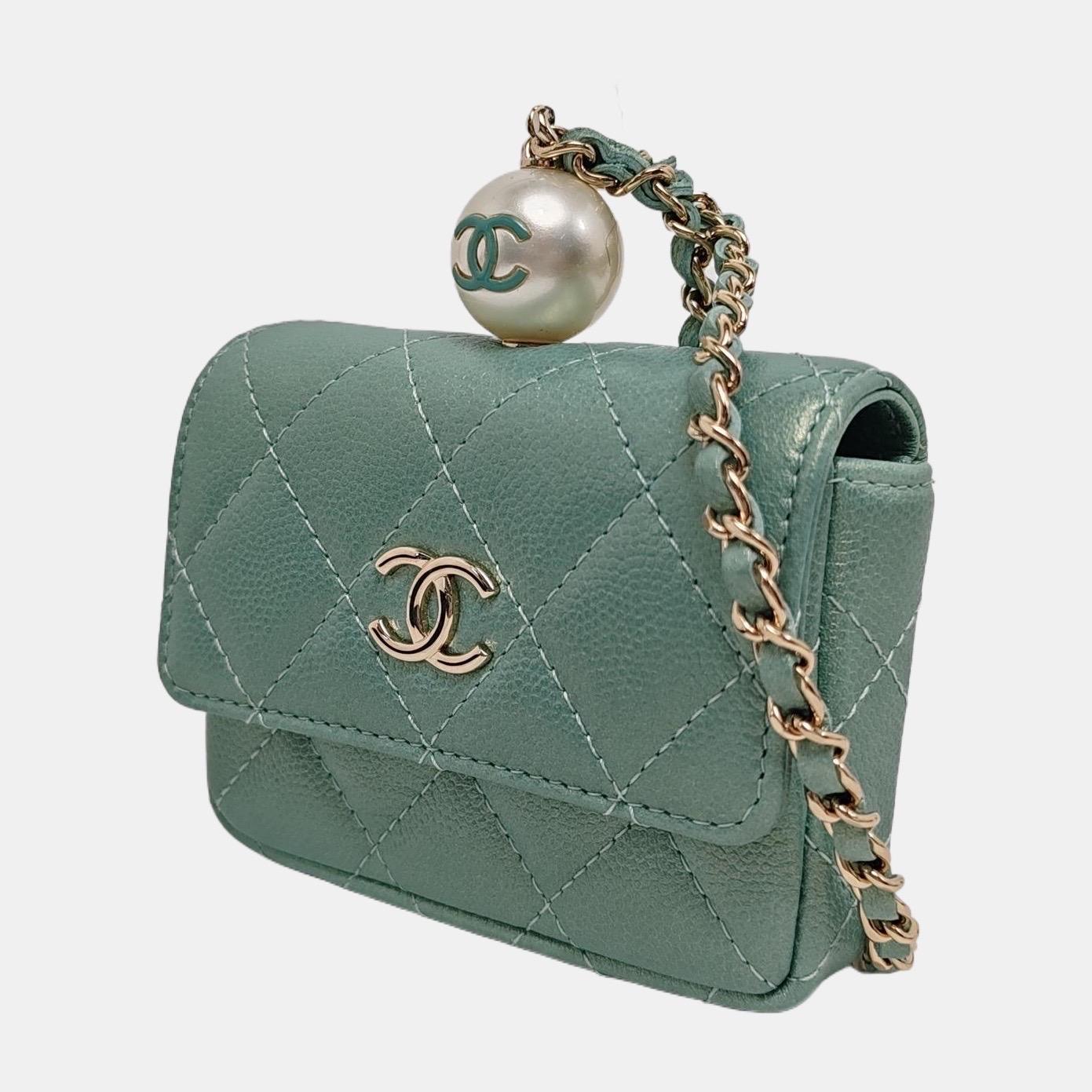 Gray Chanel CC Pearl Coin Card Holder with Chain Quilted Green Caviar Leather Gold Ha