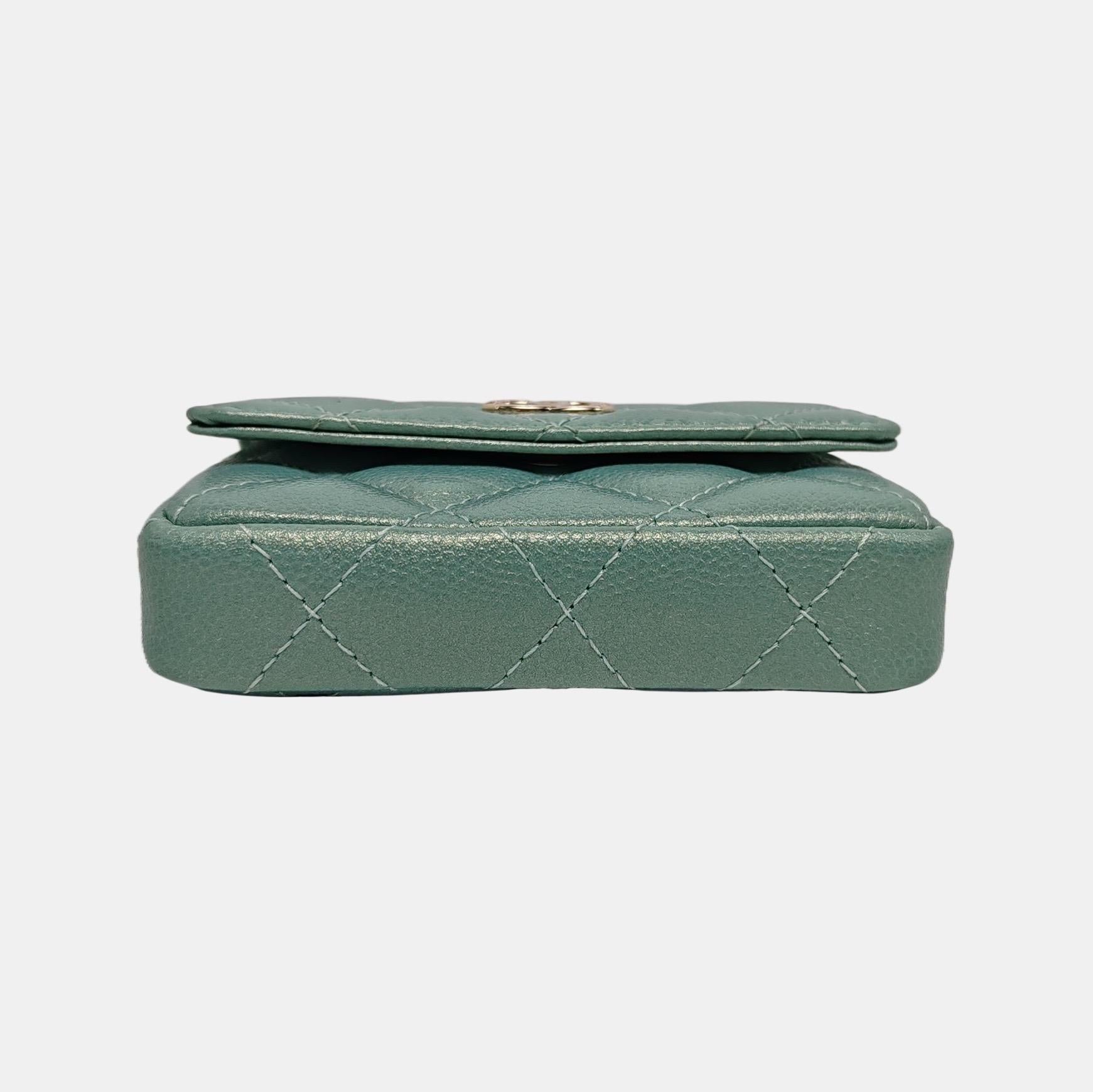 Women's Chanel CC Pearl Coin Card Holder with Chain Quilted Green Caviar Leather Gold Ha