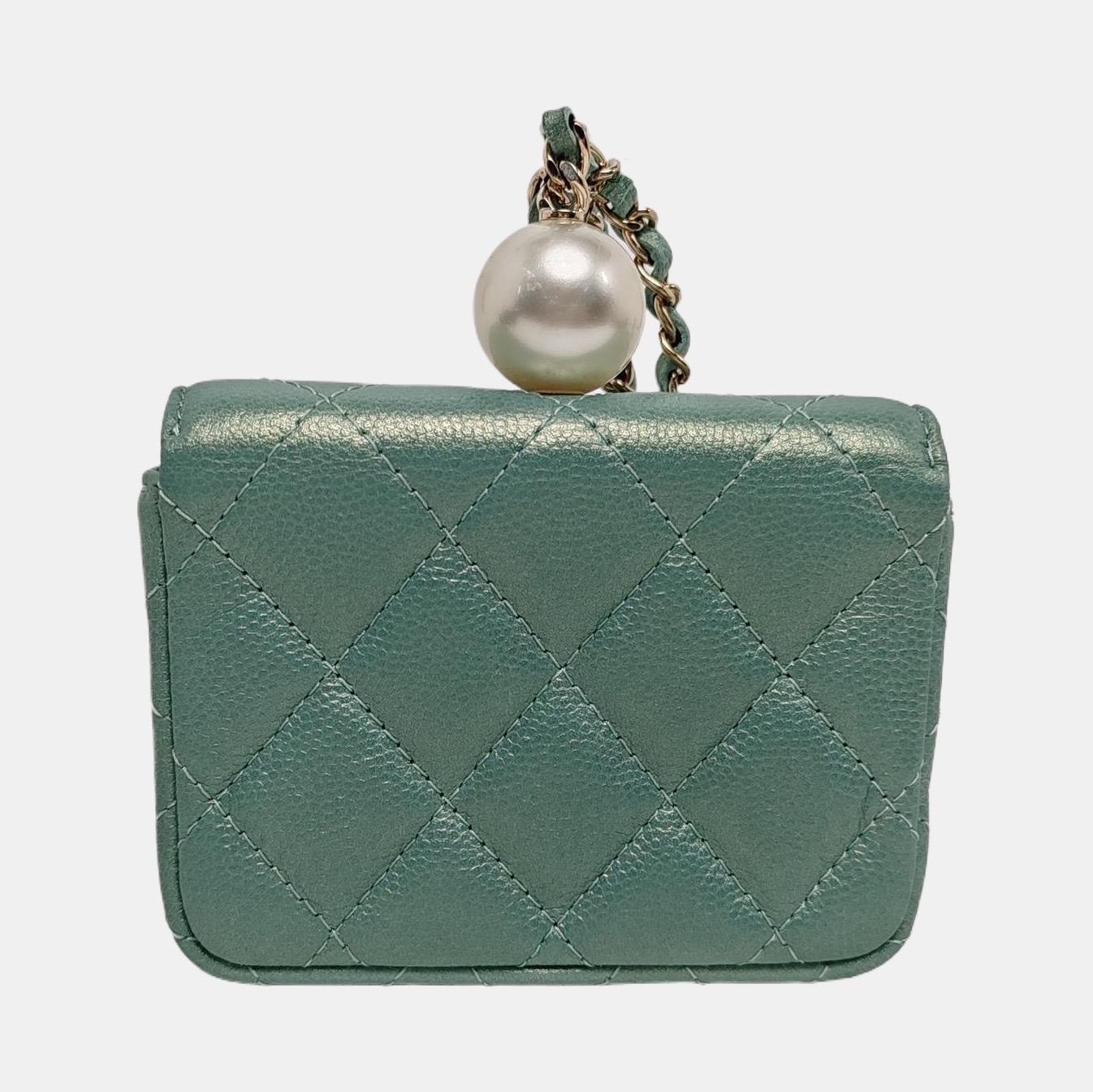 Chanel CC Pearl Coin Card Holder with Chain Quilted Green Caviar Leather Gold Ha 1