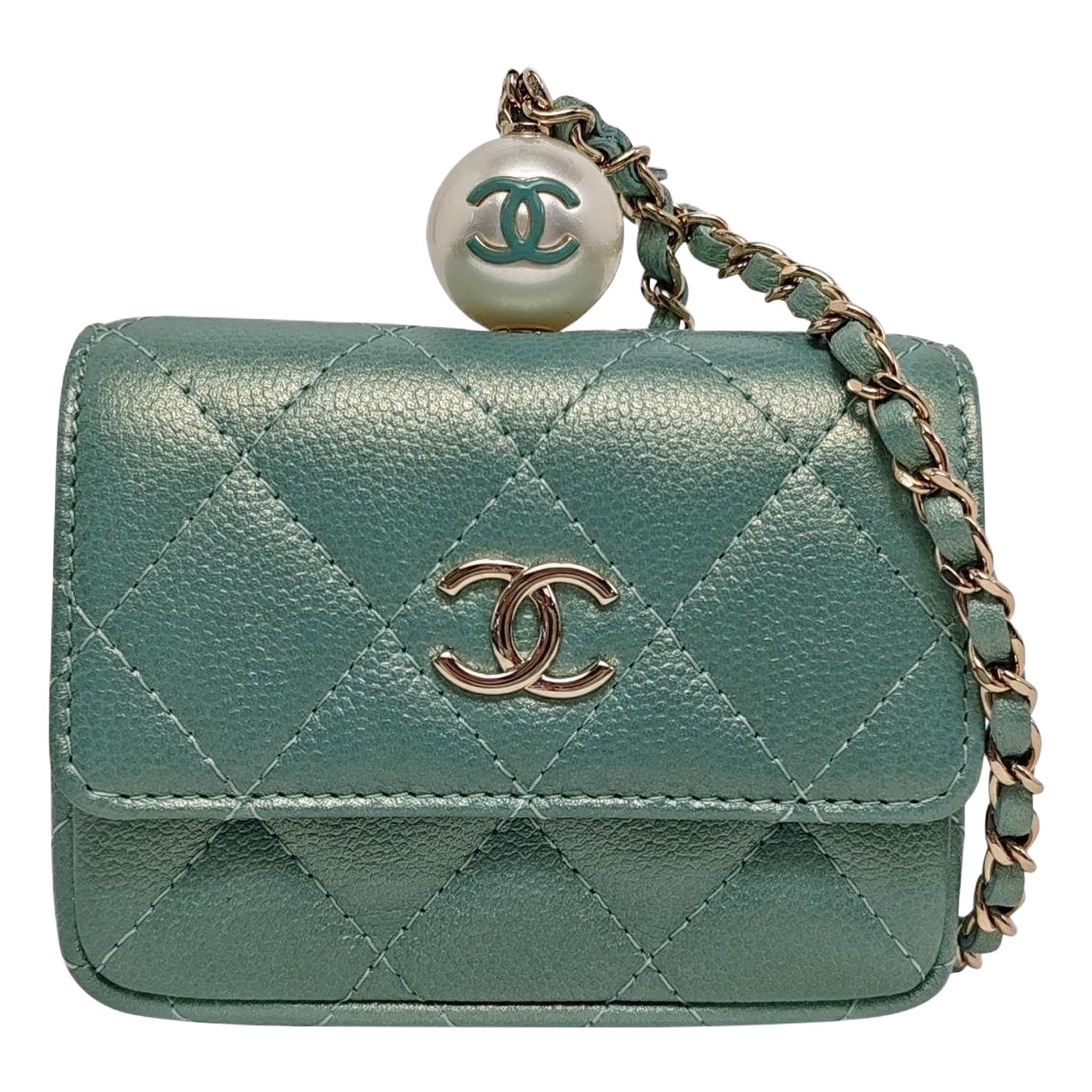 Chanel CC Pearl Coin Card Holder with Chain Quilted Green Caviar Leather Gold Ha