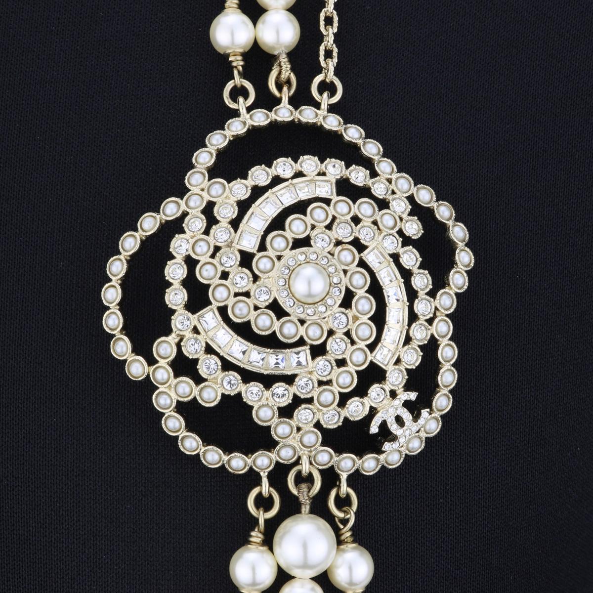 CHANEL CC Pearl Crystal Camellia Gold-Tone Long Necklace 2019 In Excellent Condition In Huddersfield, GB