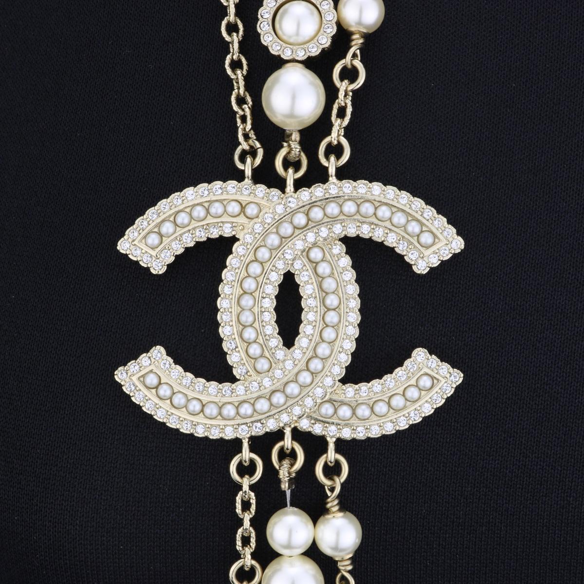 CHANEL CC Pearl Crystal Camellia Gold-Tone Long Necklace 2019 1