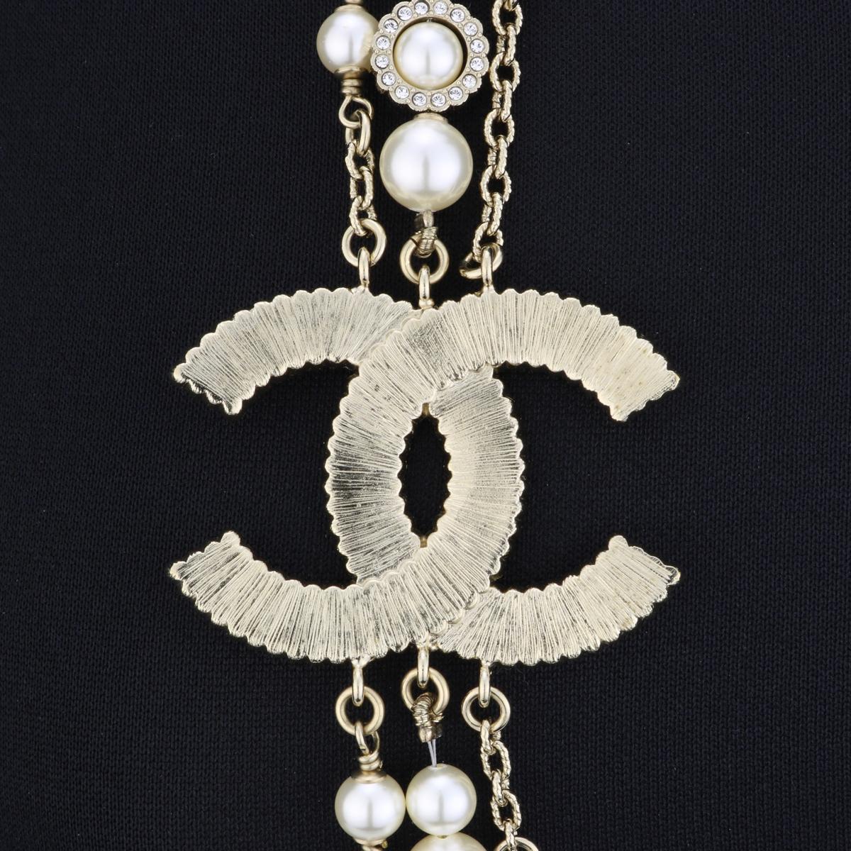CHANEL CC Pearl Crystal Camellia Gold-Tone Long Necklace 2019 2