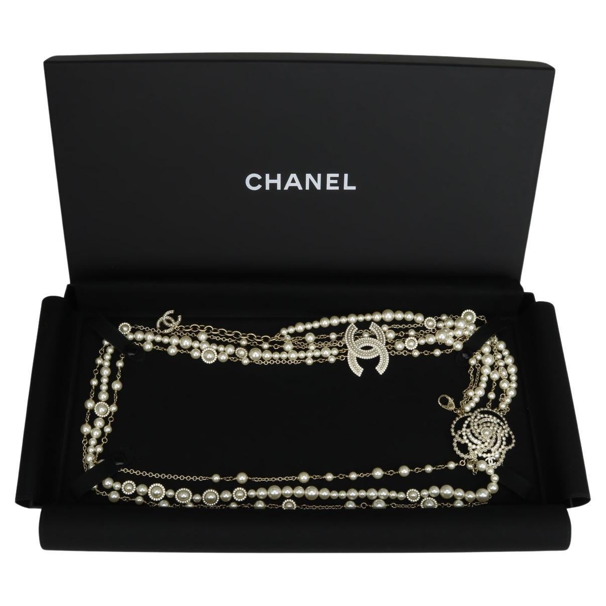 CHANEL CC Pearl Crystal Camellia Gold-Tone Long Necklace 2019