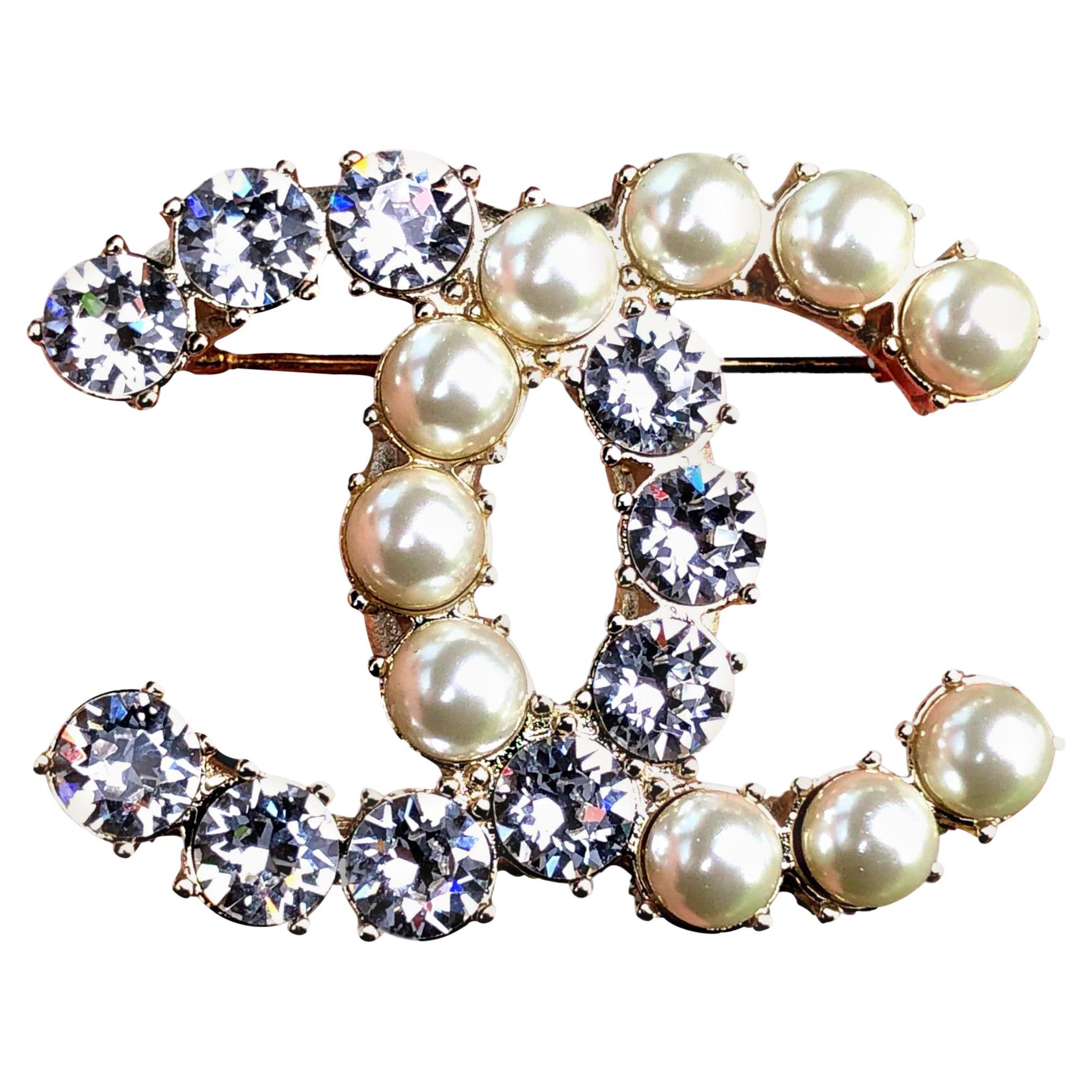 Chanel CC Pearl & Crystal Silver Colour Brooch