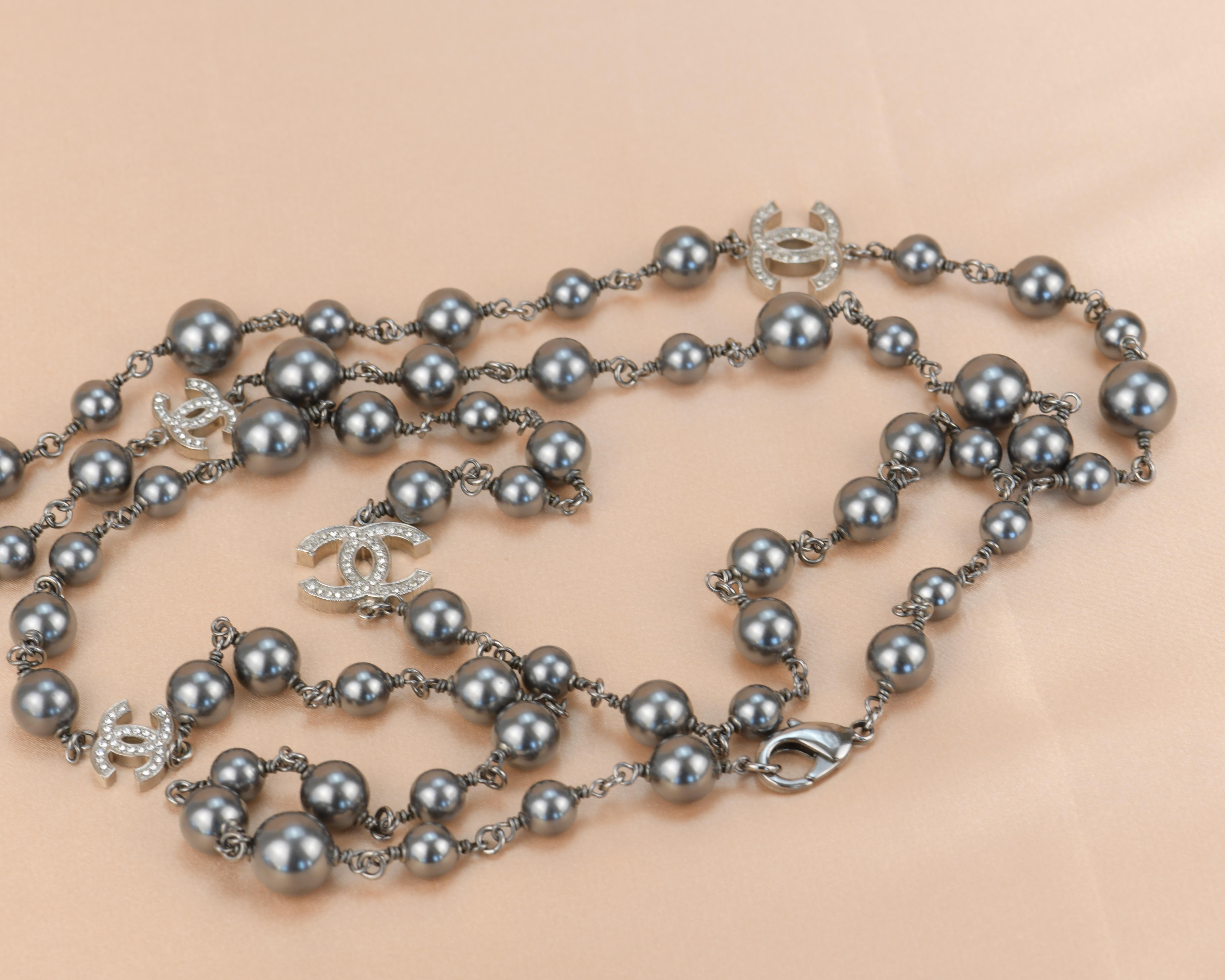 Chanel CC Pearl Crystal Silver Grey Long Necklace 4