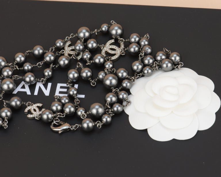 Chanel CC Pearl Crystal Silver Grey Long Necklace For Sale at 1stDibs