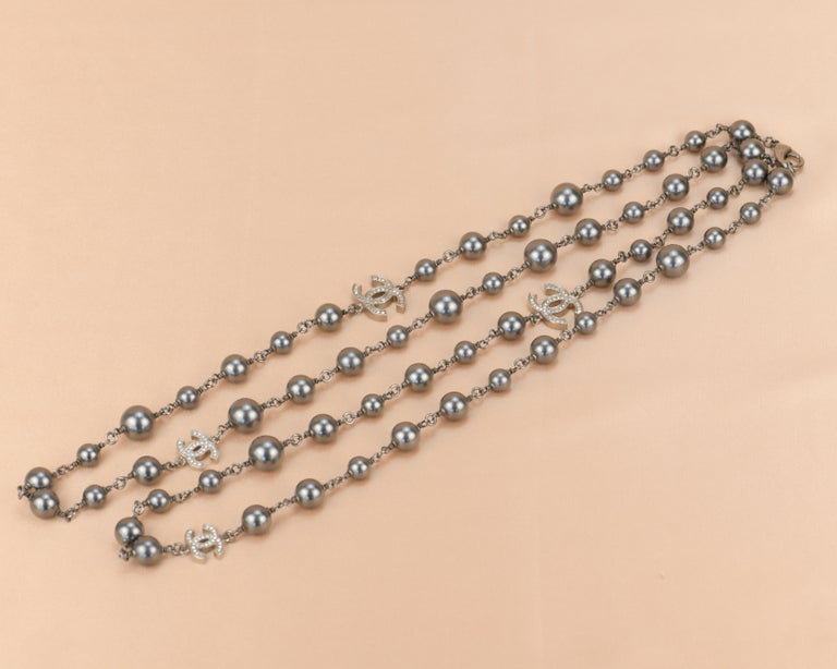 Chanel CC Pearl Crystal Silver Grey Long Necklace For Sale at 1stDibs
