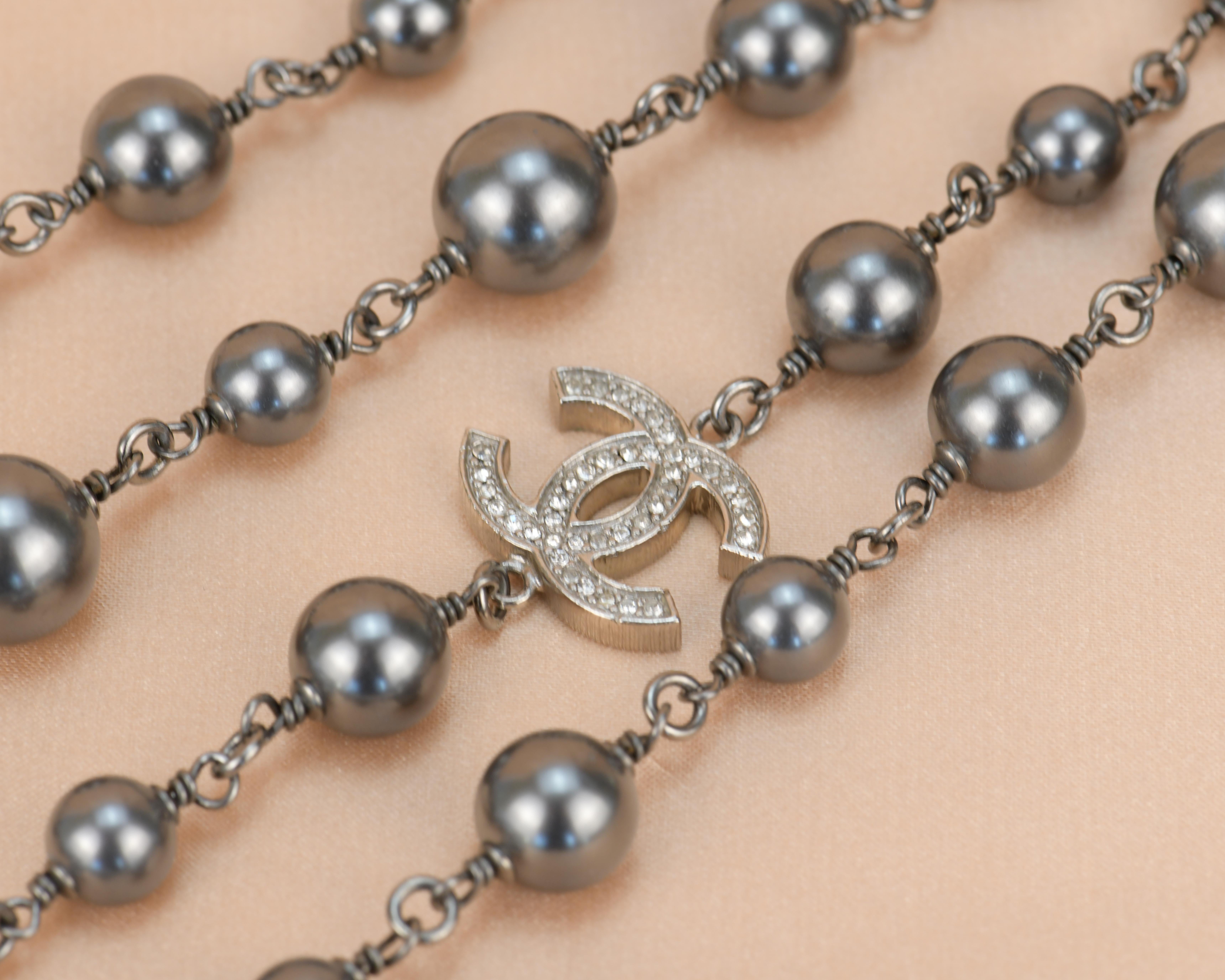 Chanel CC Pearl Crystal Silver Grey Long Necklace In Excellent Condition In Banbury, GB