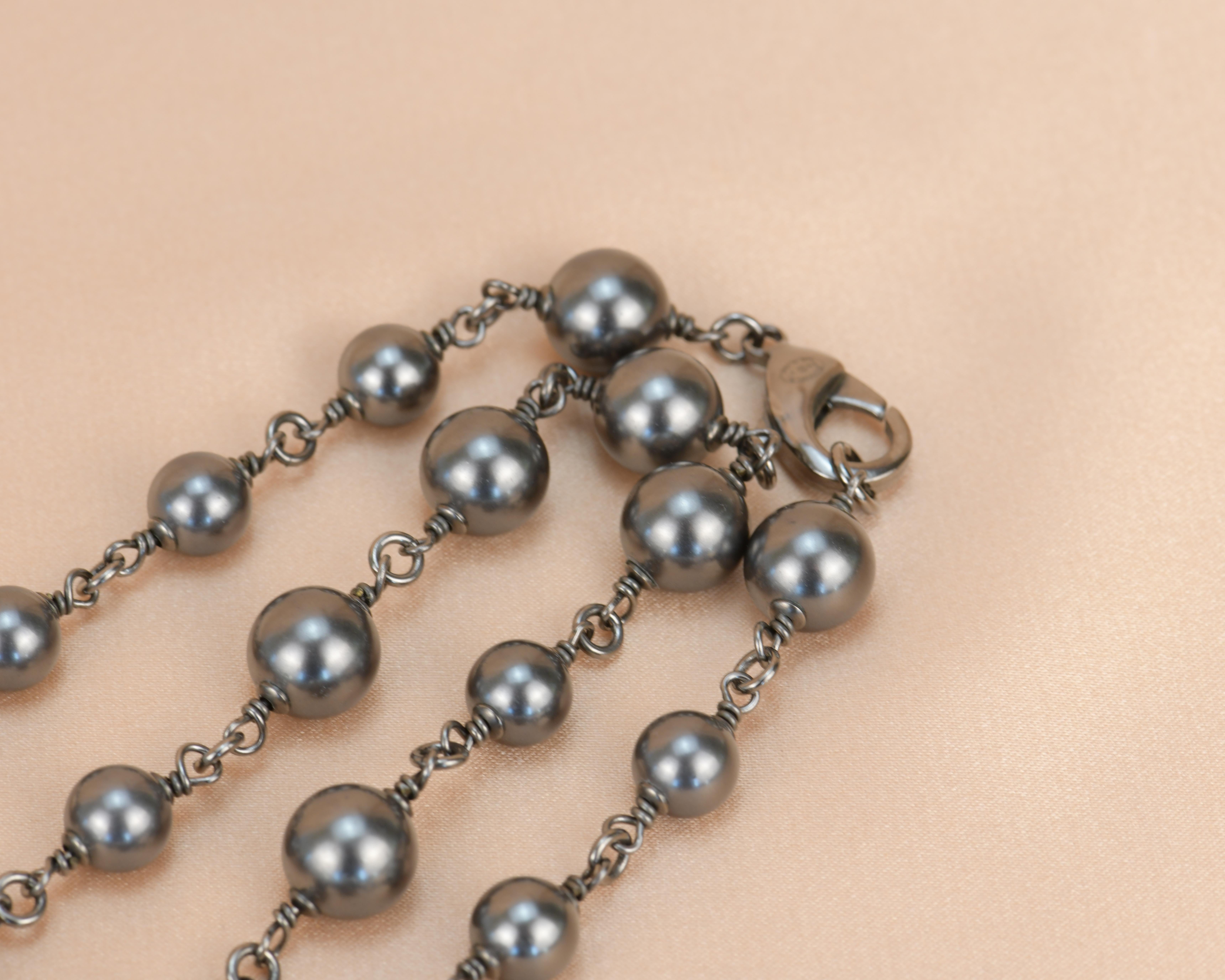 Women's or Men's Chanel CC Pearl Crystal Silver Grey Long Necklace