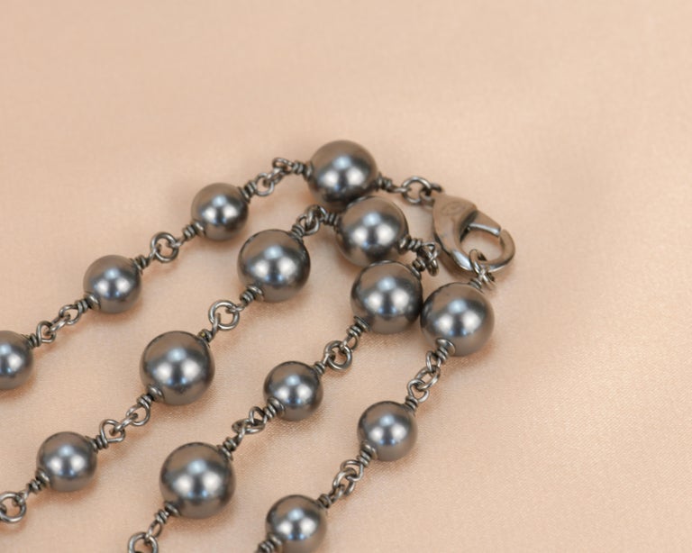 Chanel CC Pearl Crystal Silver Grey Long Necklace For Sale at 1stDibs