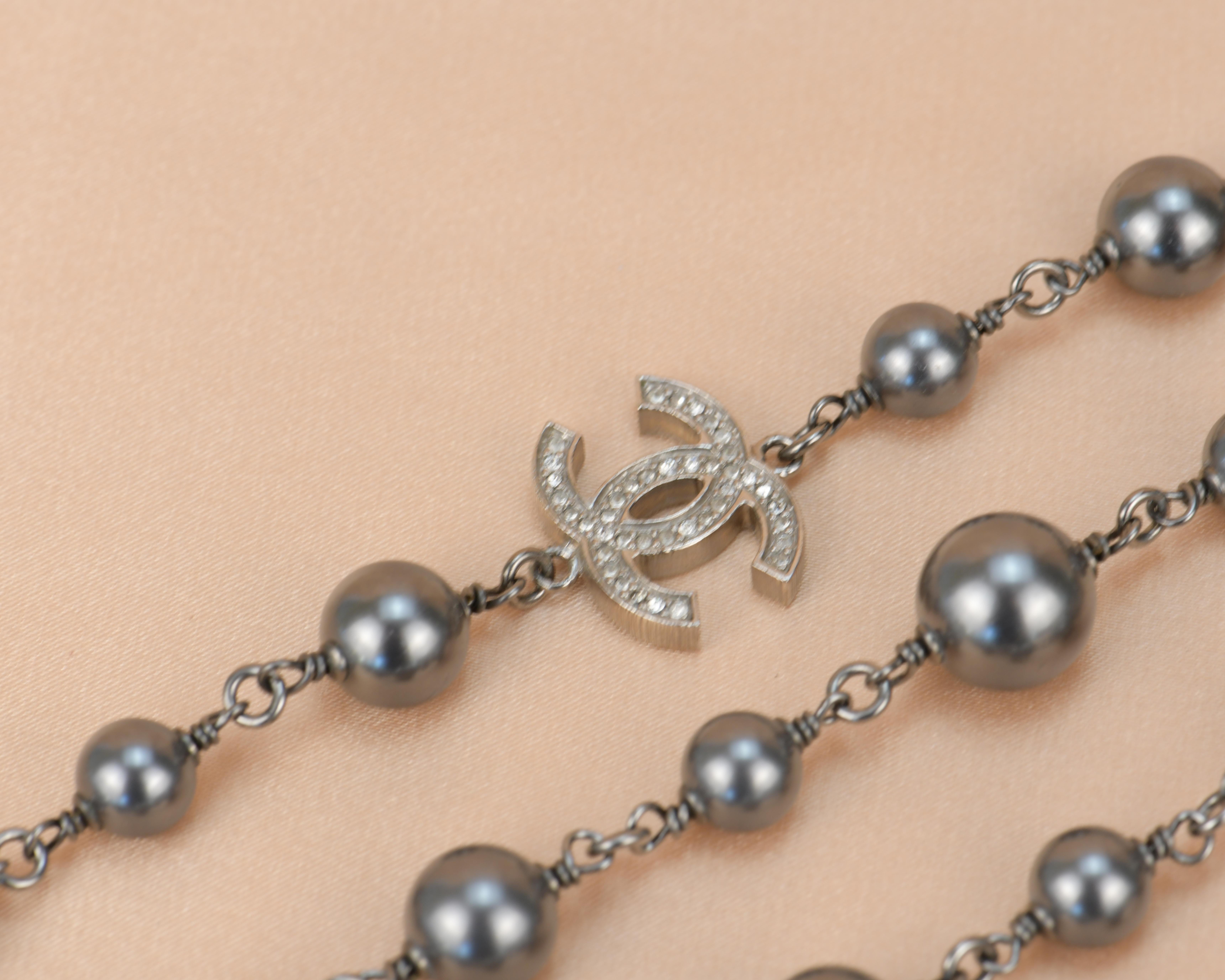Chanel CC Pearl Crystal Silver Grey Long Necklace 1