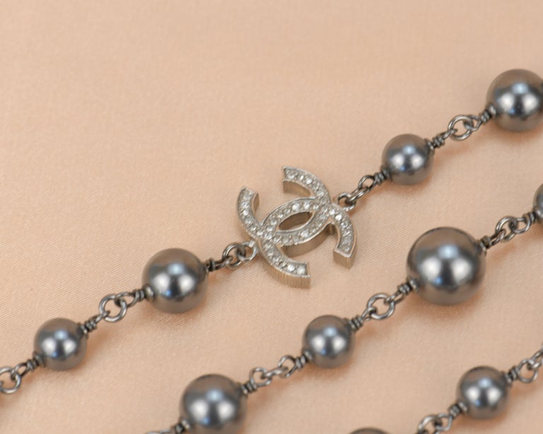 Chanel CC Pearl Crystal Silver Grey Long Necklace For Sale at 1stDibs