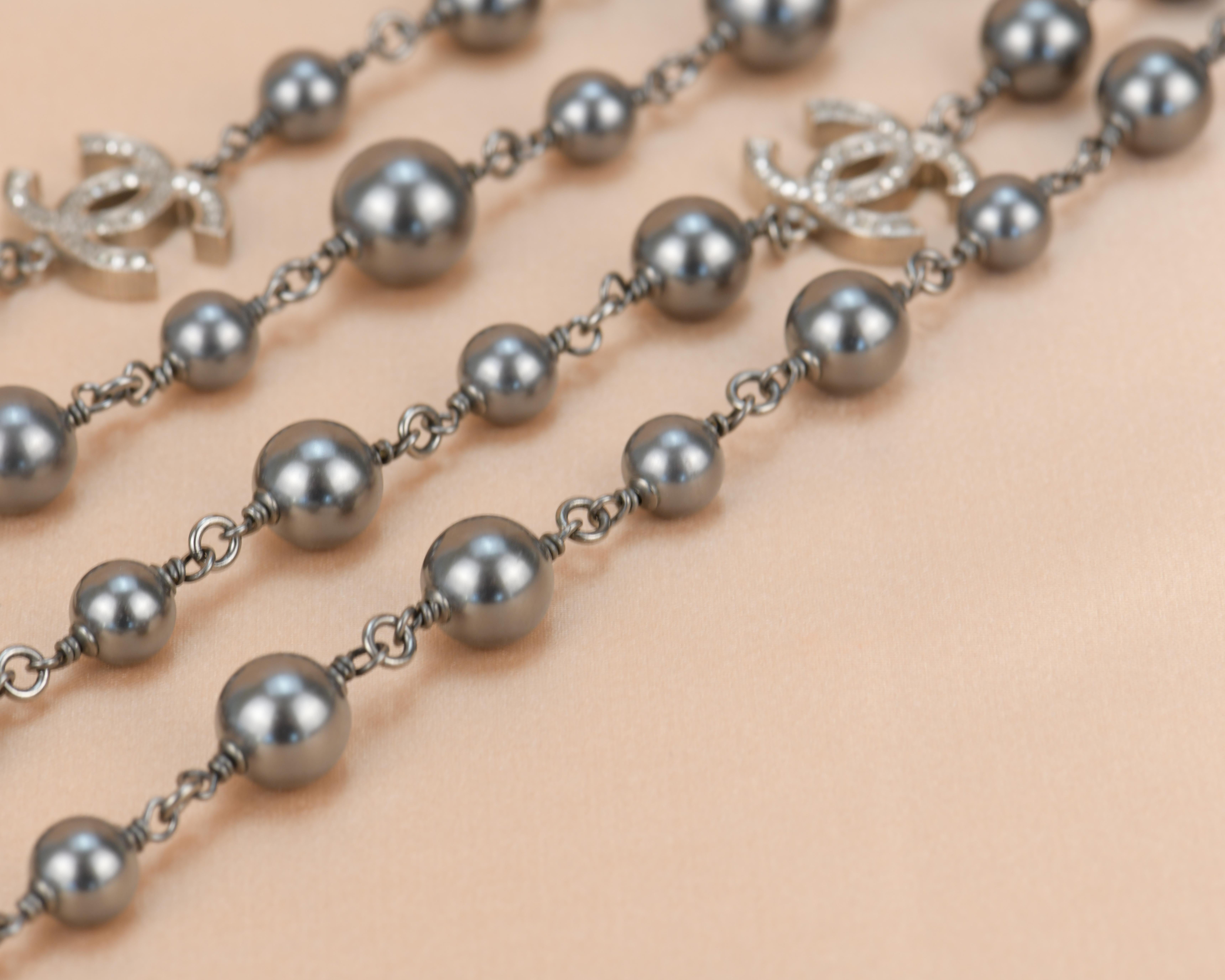 Chanel CC Pearl Crystal Silver Grey Long Necklace 3