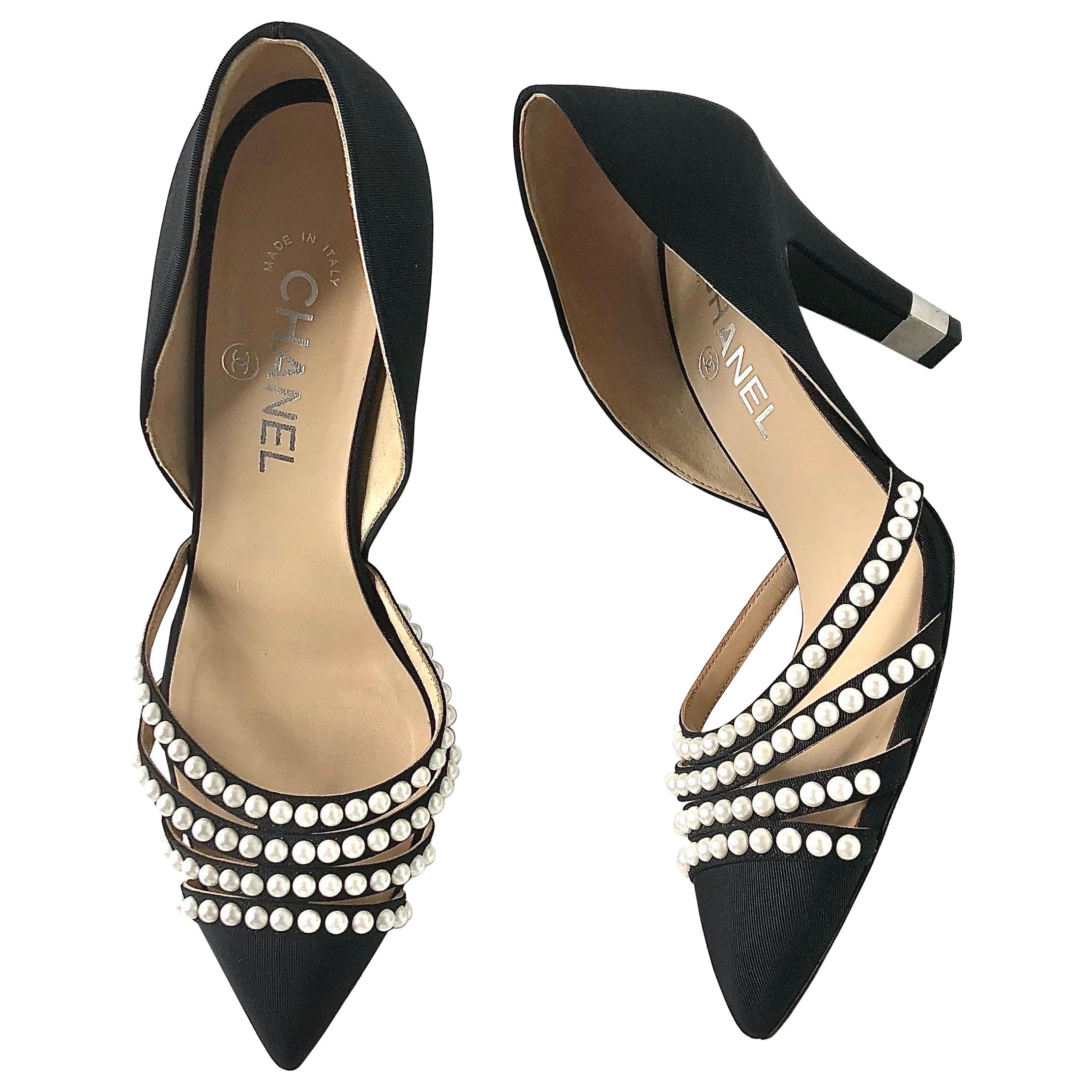 Chanel CC Pearl Embellished Grosgrain Black Pointed Toe D’Orsay Pumps 38.5