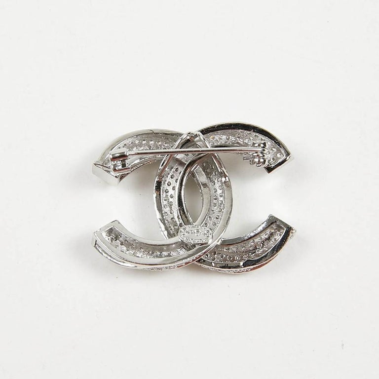 Chanel CC Pendant Brooch Silver Tone Rhinestone