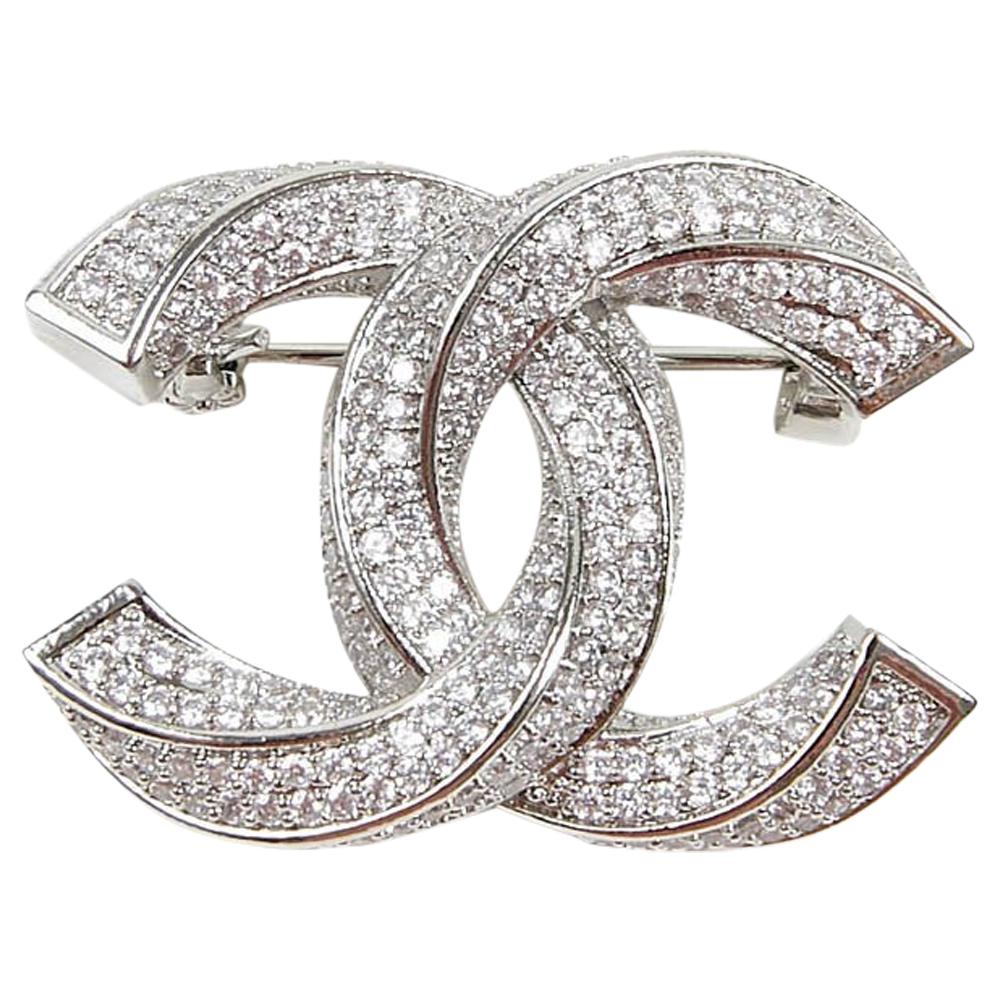 Chanel CC Pendant Brooch Silver Tone Rhinestone