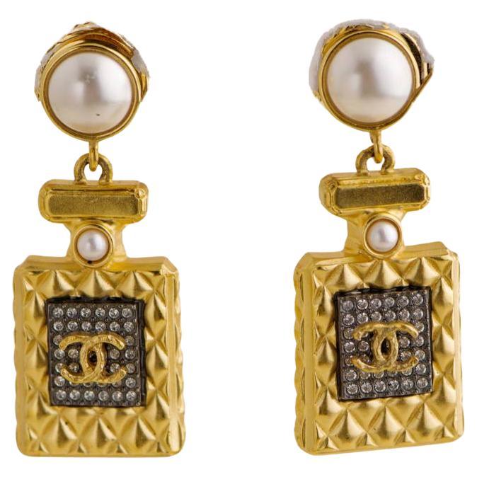 Chanel CC Perfume Bottle Faux Pearl Drop Pendant Earrings For Sale