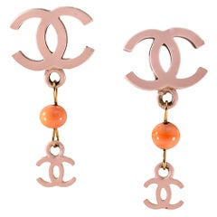 Chanel Pink Tweed Inlay Round CC Drop Earrings Chanel