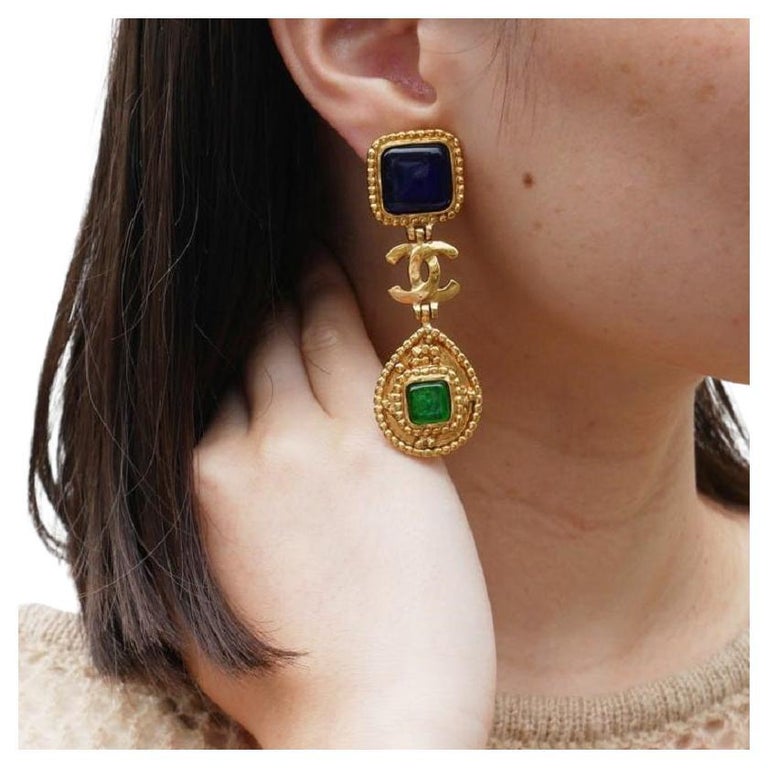 CHANEL CC Poured Glass Gripoix Blue Green Gold Evening Dangle Drop Earrings  For Sale at 1stDibs