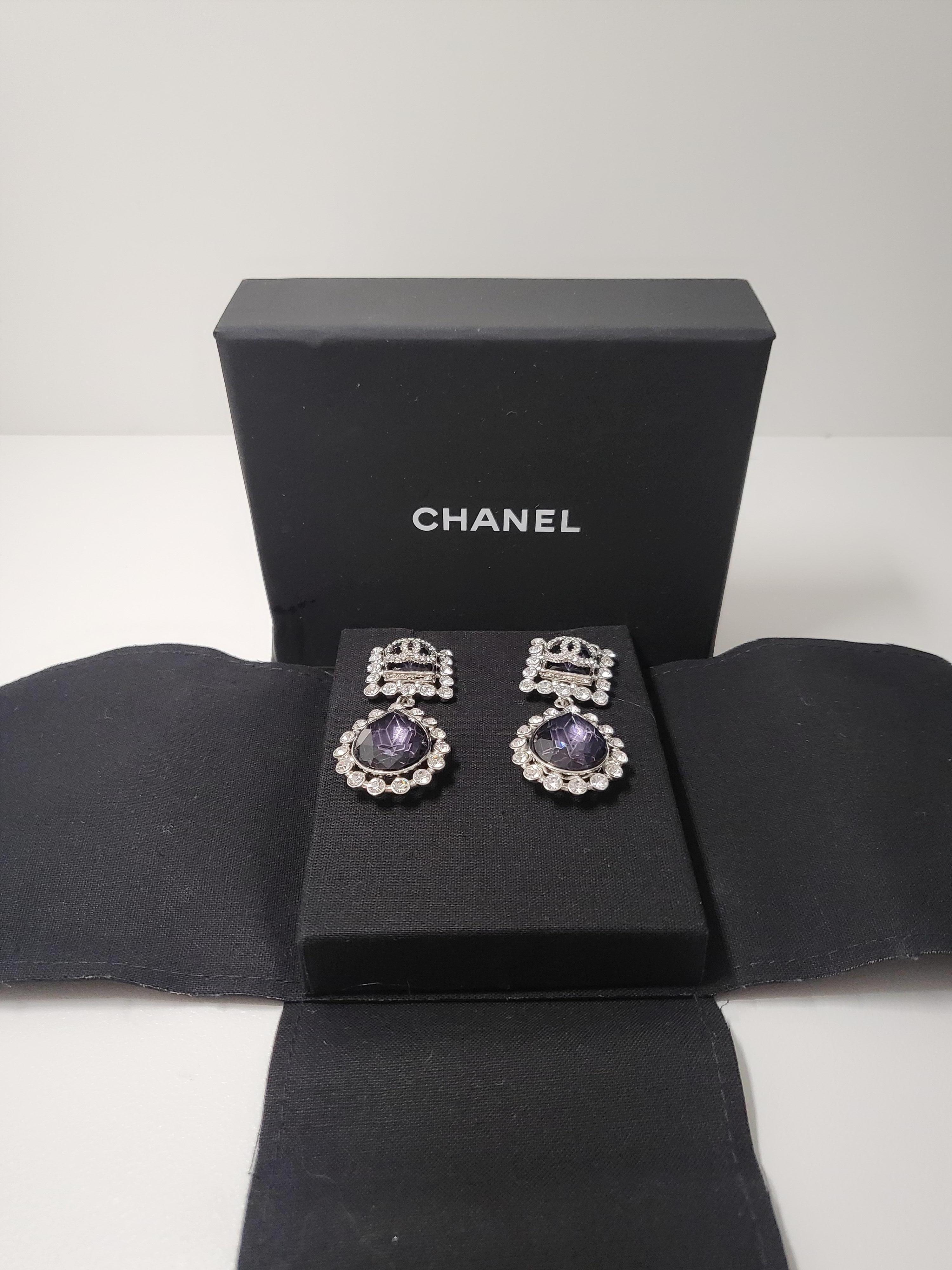 Contemporary Chanel CC Purple Drop Crystal and Rhinetone Silver Earrings For Sale