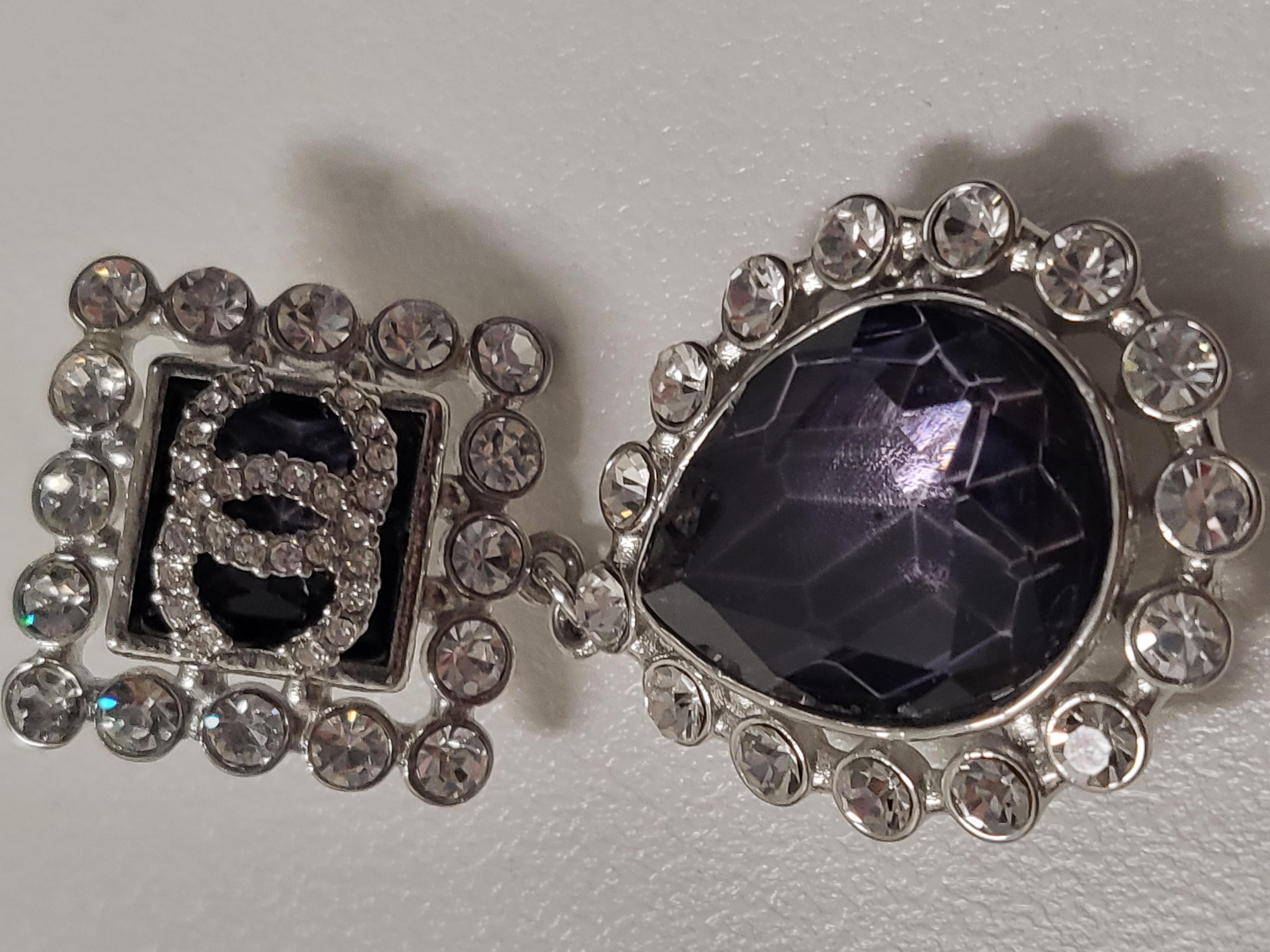 Women's Chanel CC Purple Drop Crystal and Rhinetone Silver Earrings For Sale