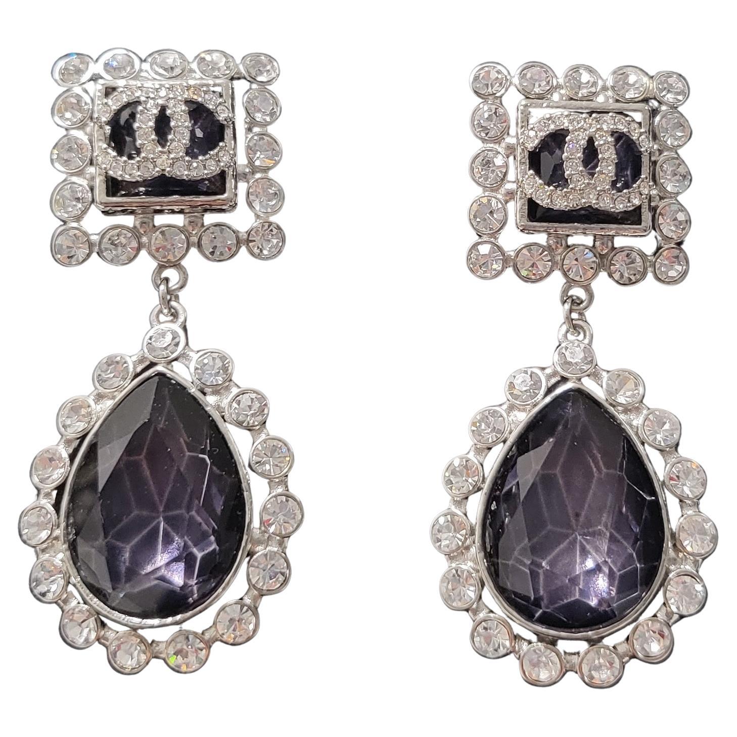 Chanel CC Purple Drop Crystal and Rhinetone Silver Earrings For Sale