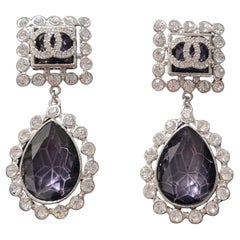 Chanel CC Purple Drop Crystal and Rhinetone Silver Earrings