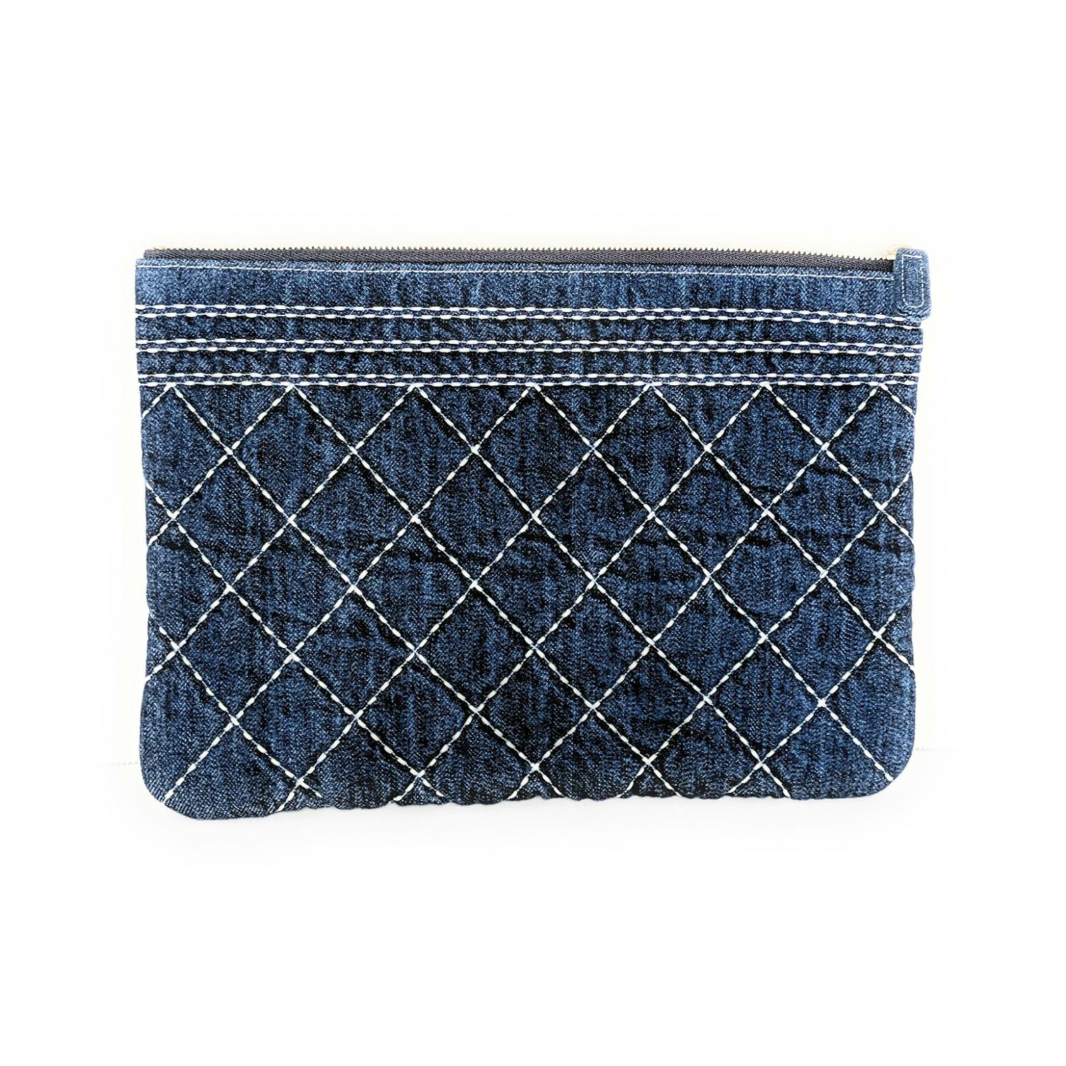 Dark wash denim Chanel CC Quilted Pouch with gold-tone hardware, CC print at front face, tonal nylon lining and zip closure at top. This would make a great gift for that special lady in your life.

Designer: Chanel
Material: Quilted Dark Wash