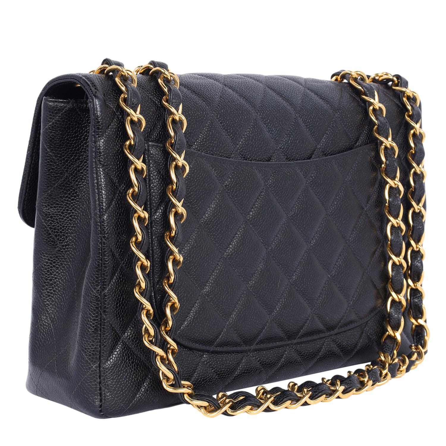 Chanel CC Quilted Jumbo Classic Caviar Leather Flap Bag For Sale 2