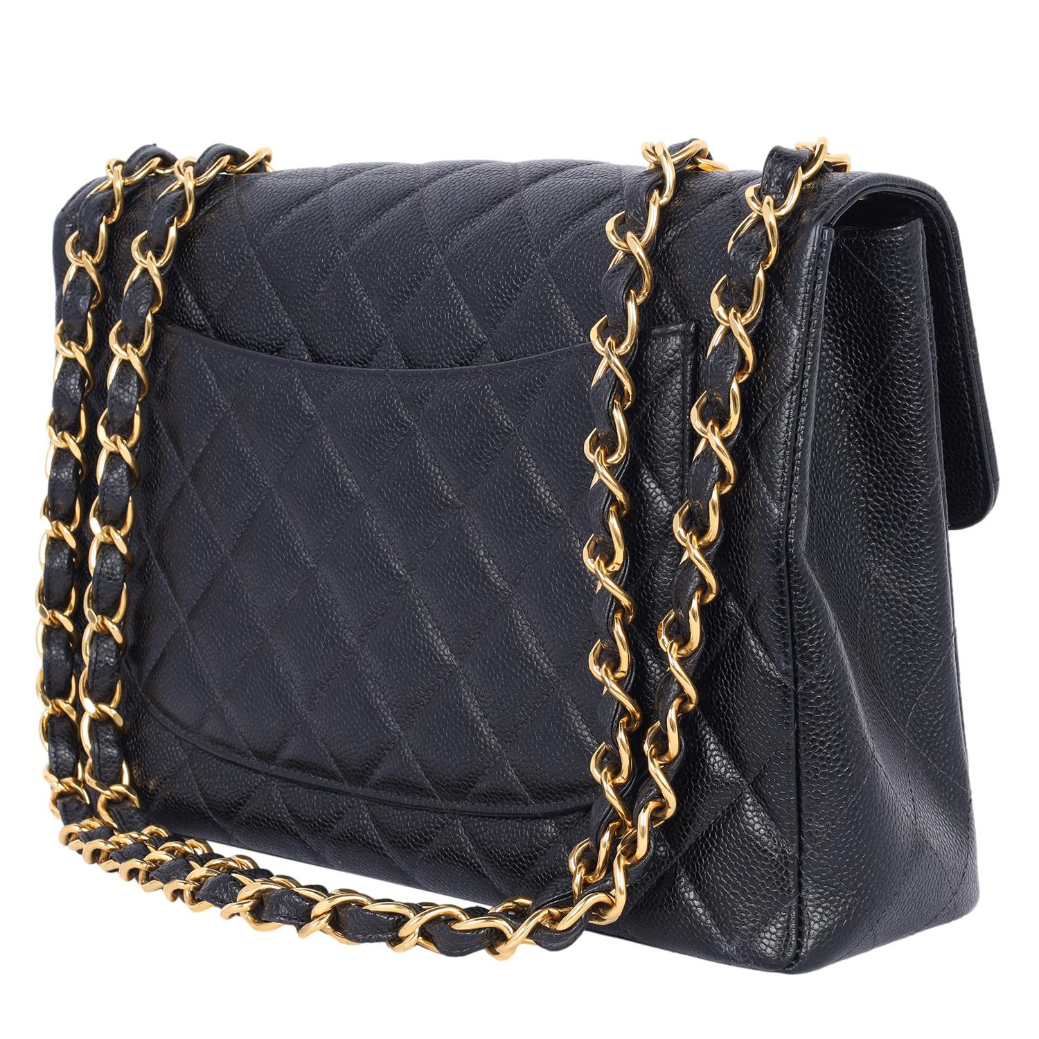 Chanel CC Quilted Jumbo Classic Caviar Leather Flap Bag For Sale 3