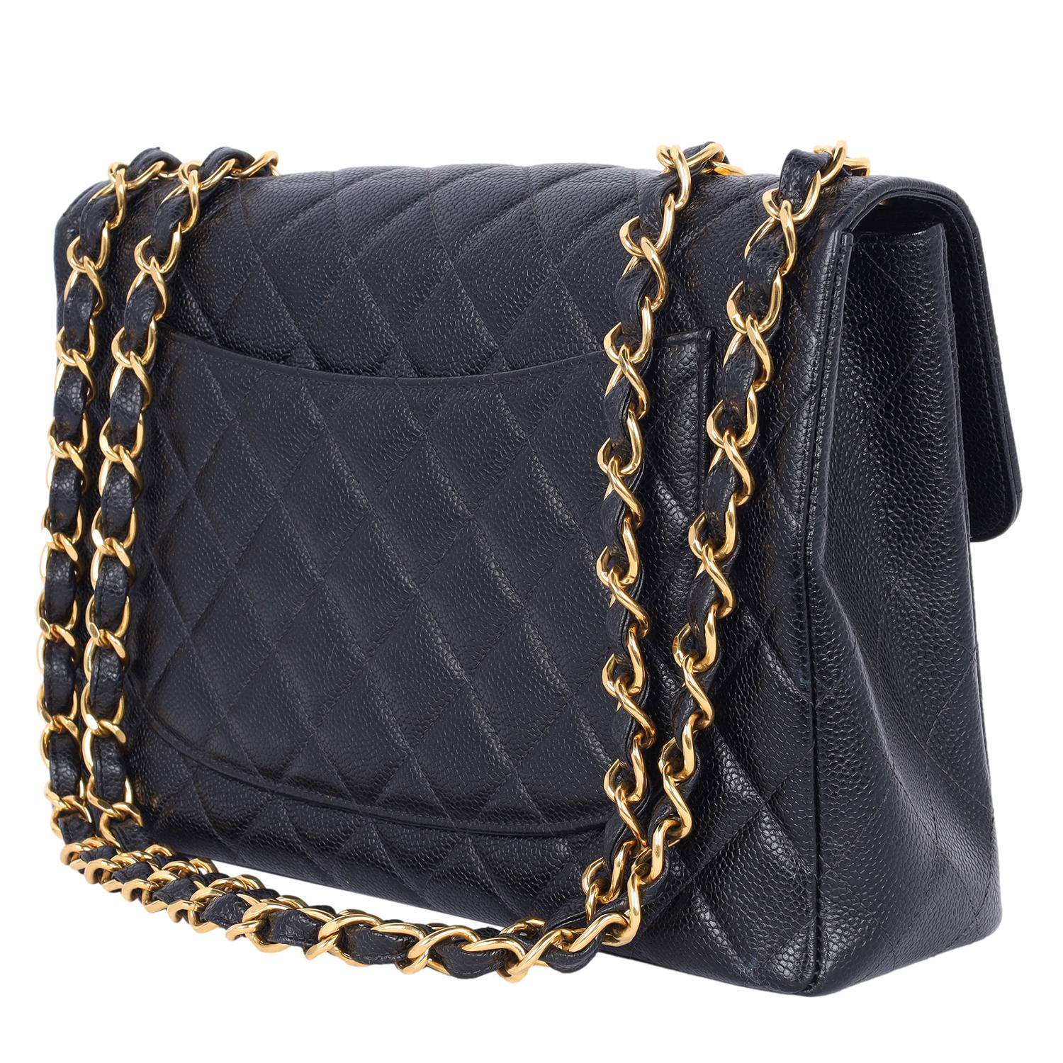 Chanel CC Quilted Jumbo Classic Caviar Leather Flap Bag Black For Sale 3